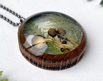 Resin Terrarium Necklace with Mushroom Moss: Fungi Botanical Mushroomcore Fairy Woodsy Northwoods Boreal Jewelry Wood Pendant