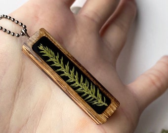 Princess Pine Clubmoss Necklace with Black Background: Nature Jewelry with Real Leaf in Resin, Clubmoss Sprig, Botanical Nature Jewelry