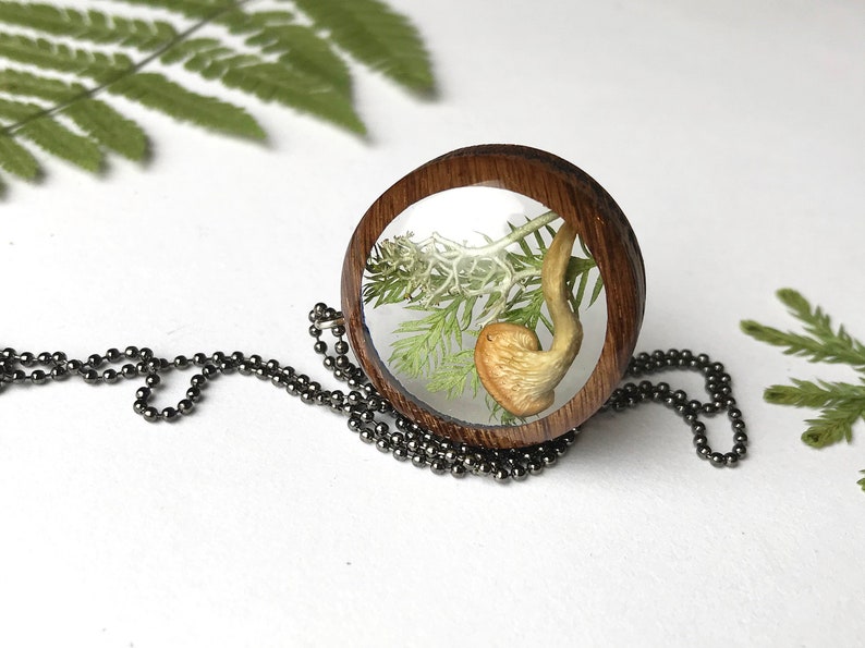 Resin Terrarium Necklace with Mushroom Moss: Fungi Botanical Mushroomcore Fairy Woodsy Northwoods Boreal Jewelry Wood Pendant
