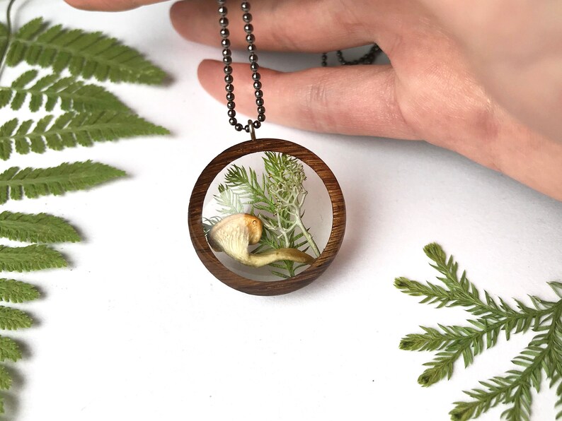 Resin Terrarium Necklace with Mushroom Moss: Fungi Botanical Mushroomcore Fairy Woodsy Northwoods Boreal Jewelry Wood Pendant