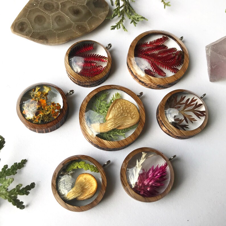Resin Terrarium Necklace with Mushroom Moss: Fungi Botanical Mushroomcore Fairy Woodsy Northwoods Boreal Jewelry Wood Pendant