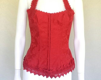 RED Fredericks of Hollywood brocade lace up corset halter top Sz 36 / medium