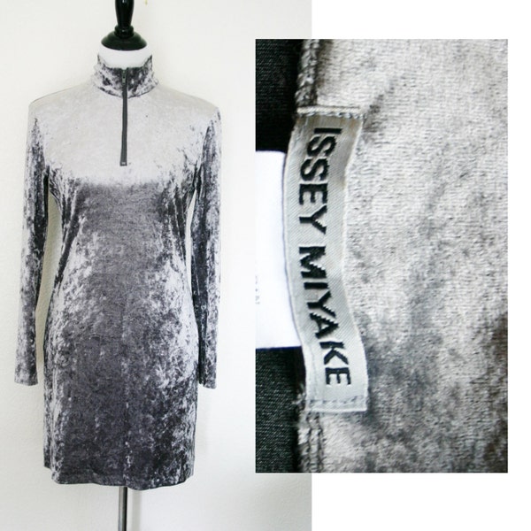 90s ISSEY MIYAKE Silver Grey Crushed Velvet Dress