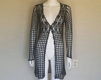 Bcbg max azria see through black crochet button front long sleeve jacket