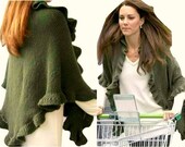 Kate Middleton Olive Green Wool Three Sides Ruffled Cute Shawl, Kate Middleton Shawl, Handknit, Express Delivery