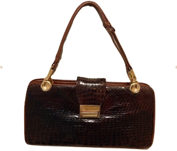 Vintage 1950's Brown Snakeskin Top Handle, Handbag