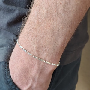 Solid Sterling Silver 925 Link Bracelet for men,Mens Bracelet, 3mm wide Rectangle Link Chain ,Father&#39;s Day Gift,Men&#39;s chunky Link Bracelet