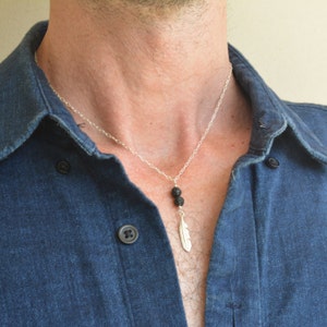 Men's necklace,men's silver necklace,necklaces for men,Black Lava necklace,feather necklace,gift for him,Boho necklace,jewelry for man-M001