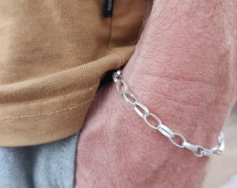 Mannen ketting armband, ovale schakelarmband, sterling zilver, schakelarmband, vaderdagcadeau, zilveren dikke schakelarmband, Unisex