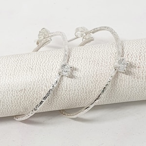 Handmade Sculpted Silver Hoop Earrings with Zircon | Textured Silver Earrings | Delicate Large Hoops | Rustic Artisan Jewelry