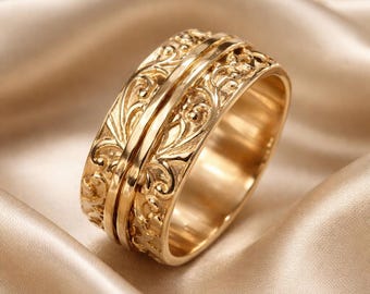 Handmade Gold Spinner Ring: Wide Textured Yellow Gold Fidget Jewelry