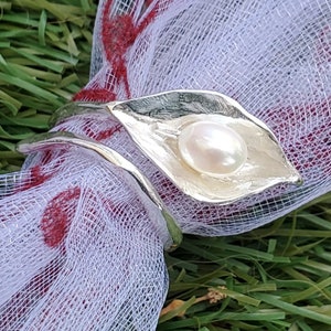 Handmade Silver Calla Lily Ring: White Pearl, Adjustable Flower Jewelry