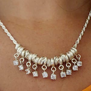 Handmade Silver Necklace with Zircon Stones – Braided Chain with Sculpted Loops – Textured Sterling Silver Statement Jewelry ,Charm Necklace