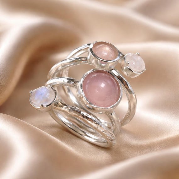 Sterling Silver Spiral Ring: Rose Quartz & Moonstone Stacking Ring