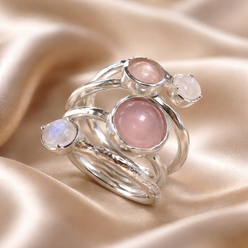 Sterling Silver Spiral Ring: Rose Quartz & Moonstone Stacking Ring image 1