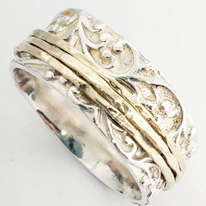 Handmade Sterling Silver Spinner Ring: Textured Band with Hammered Gold