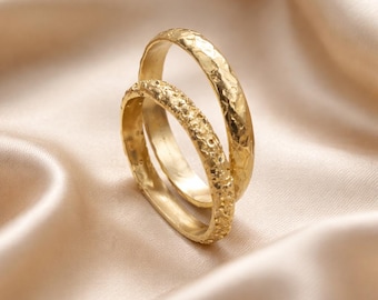 Handmade Gold Wedding Rings Set • Rustic Couple Wedding Bands • Unique Bride and Groom Ring