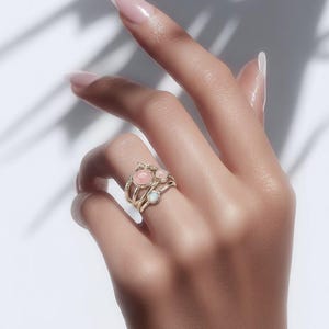Sterling Silver Spiral Ring: Rose Quartz & Moonstone Stacking Ring image 2