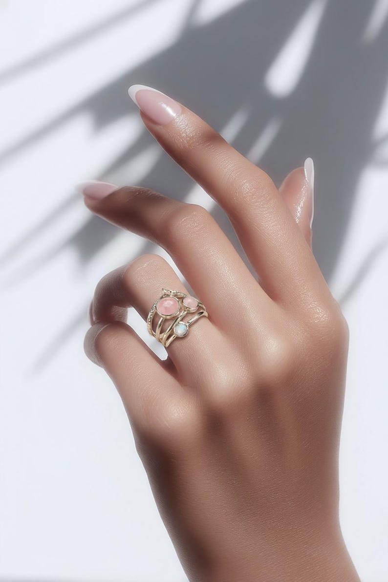 Sterling Silver Spiral Ring: Rose Quartz & Moonstone Stacking Ring image 2