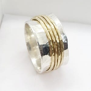 Handmade Hammered Sterling Silver Spinner Ring: 14k Gold Spinning Rings