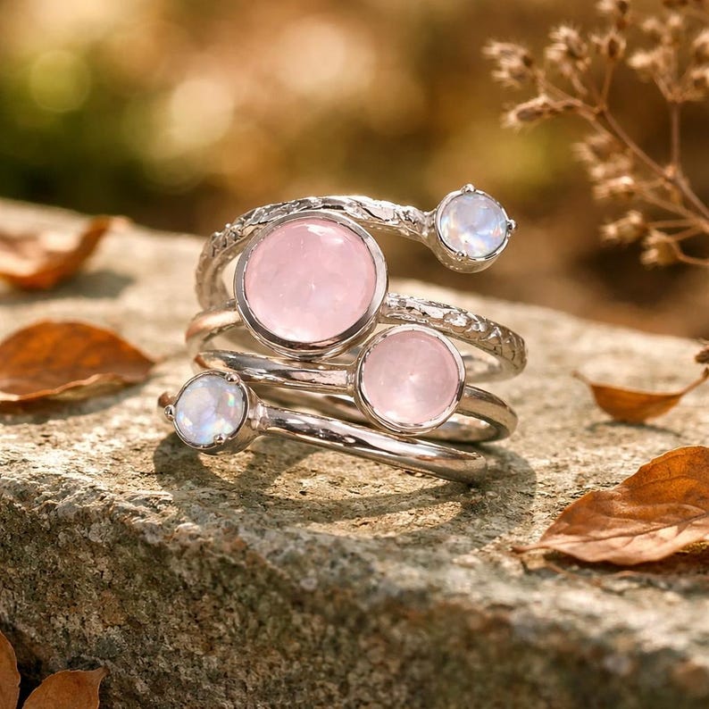 Sterling Silver Spiral Ring: Rose Quartz & Moonstone Stacking Ring image 7