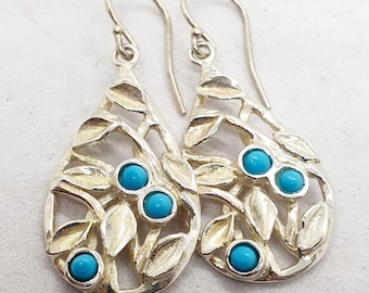 Handmade Silver Turquoise Drop Earrings: Sculpted Nature Jewelry