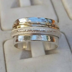 Hammered Sterling Silver Spinner Ring with Gold: Unisex Meditation Fidget Ring