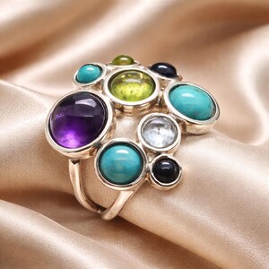 Sterling Silver Multistone Ring: Turquoise, Amethyst, Garnet, Peridot & Onyx