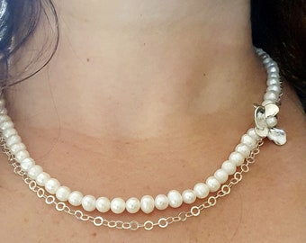 Pearls Layered Necklace ,Silver Flower Pendant With Pearls Necklace ,Silver Loops Chain Pearls ,White Pearls Beads Layers Necklace Silver