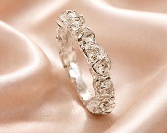 Handmade Silver Rose Ring, Sculpted Floral Nature Inspired Stacking Wedding Band, Unique Botanical Jewelry