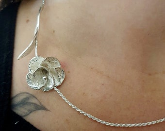 Silver Flower Necklace ,Anemone Flower Necklace , Silver Necklace Flower and Braid Chain ,Solid Silver Necklace ,Silver Blossom Necklace