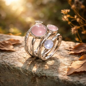 Sterling Silver Spiral Ring: Rose Quartz & Moonstone Stacking Ring image 8