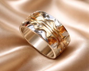 Hammered Sterling Silver Wedding Ring: 14K Gold Wire, Unisex Rustic Band