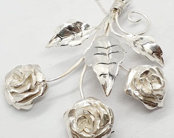 Silver Large Pendant ,Roses Flowers Necklace ,Flowers Bouquet Pendant ,Solid Silver Large Pendant ,Floral Necklace Leveas and Flowers