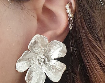 Buttercup Flower Earrings ,Large Stud Earrings ,Silver Large Studs ,Flower Studs ,Silver Buttercup Earrings ,Silver Floral Stud Earrings