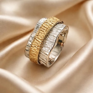 Handmade Sterling Silver Spinner Ring: Wide Textured Band with Gold Ring