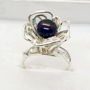 Handmade Sterling Silver Ring: Black Pearl Floral Statement Ring