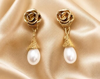 Handmade Gold Rose Earrings with Freshwater Pearl Drops, Floral Bridal Earrings, Elegant Wedding Jewelry, Gift for Her