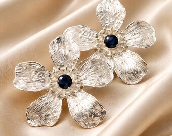 Handmade Silver Flower Stud Earrings – Sterling Silver Floral Ear Plugs, Botanical Statement Jewelry