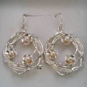 Handmade Silver Dangle Earrings – Sculpted Wire Earrings with Tiny Pearl Flowers – Large Statement Silver Earrings – Nature Inspired Jewelry