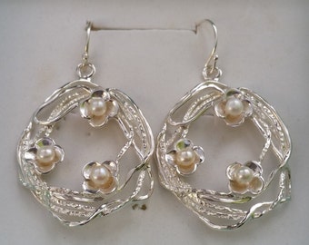 Pearls Silver Dangly Earrings ,Solid Sterling Silver Flowers Earrings ,Multistone Chunky Long Earrings ,Women''s Drop Earrings ,Fine Jewelry