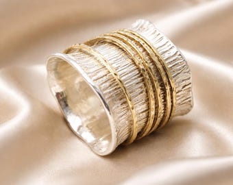 Handmade Wide Sterling Silver Spinner Ring: Rustic Gold Meditation Fidget Ring
