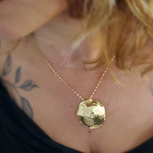 Handmade Solid Gold Necklace: Textured Circle Pendant, Modern Jewelry