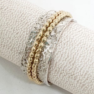 Handmade Sterling Silver Spinner Ring: Wide Textured Band with 14k Gold Beads
