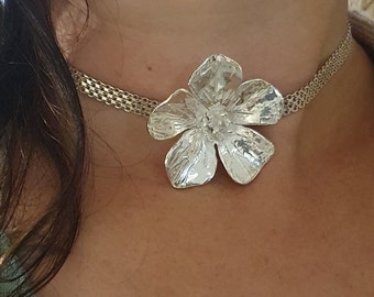 Buttercup Flower Necklace ,Large Flower Silver Choker ,Silver Solid Flower Necklace ,Silver Buttercup Pendant ,Silver Choker Necklace