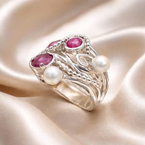 Anillo de plata esterlina 925 piedras preciosas Perla Rubí cuarzo ahumado Peridot Hecho a mano artesanal Tamaño 8.5 Mujeres Envío gratis