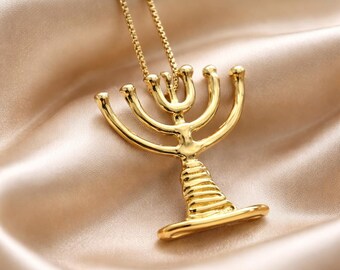 Handcrafted Gold Menorah Pendant Necklace - Judaica Jewelry Gift