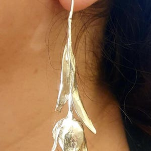 Handmade Sculpted Sterling Silver Tulip Threader Earrings: Botanical Jewelry