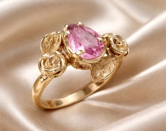 Solid 14k Gold Pear Pink Tourmaline Botanical Engagement Ring, Nature Inspired Handcrafted Jewelry