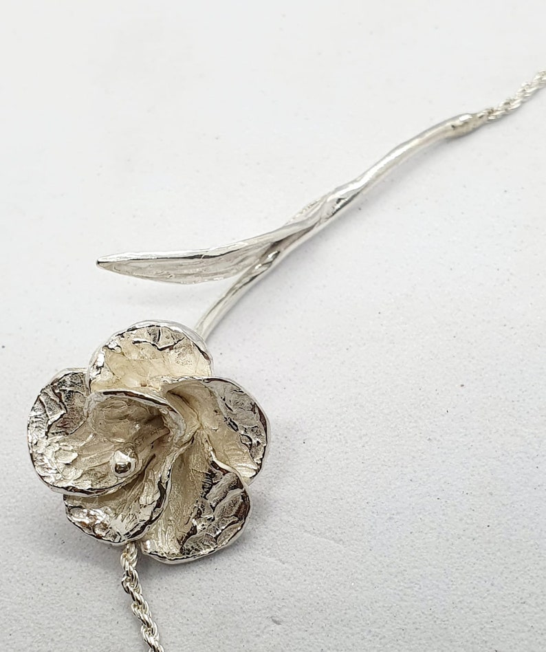 Collier fleur en argent, collier fleur d'anémone, collier en argent fleur et chaîne tressée, collier en argent massif, collier fleurs en argent image 3